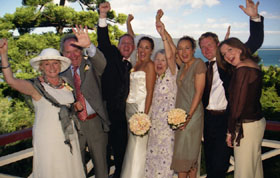 The Wedding Party on the balcony outside the chapel